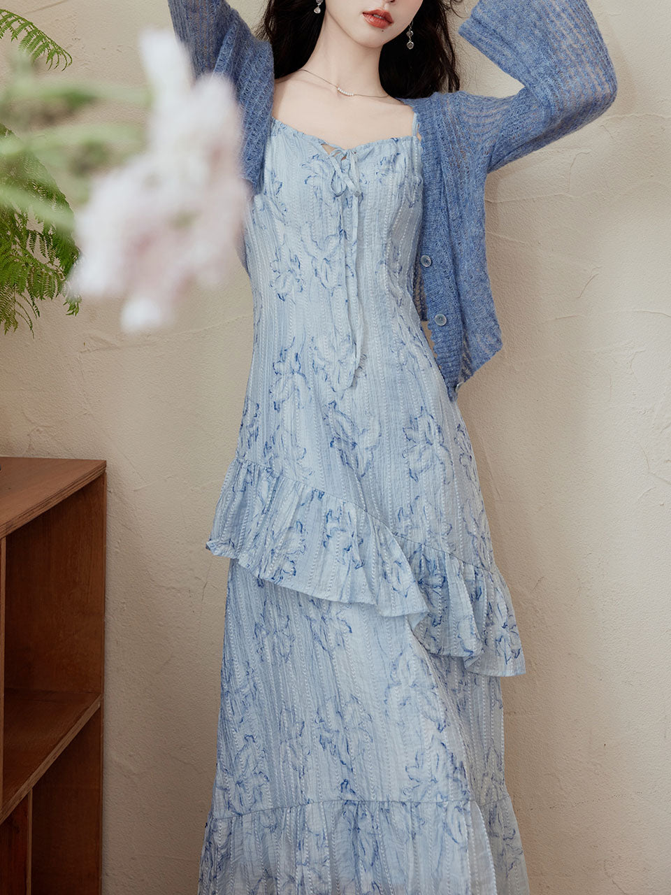 2PS Blue Floral Print Spaghetti Strap Dress