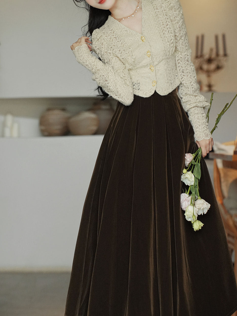 White Lace V Neck Top and Brown Velvet Swing Skirt Dress Set