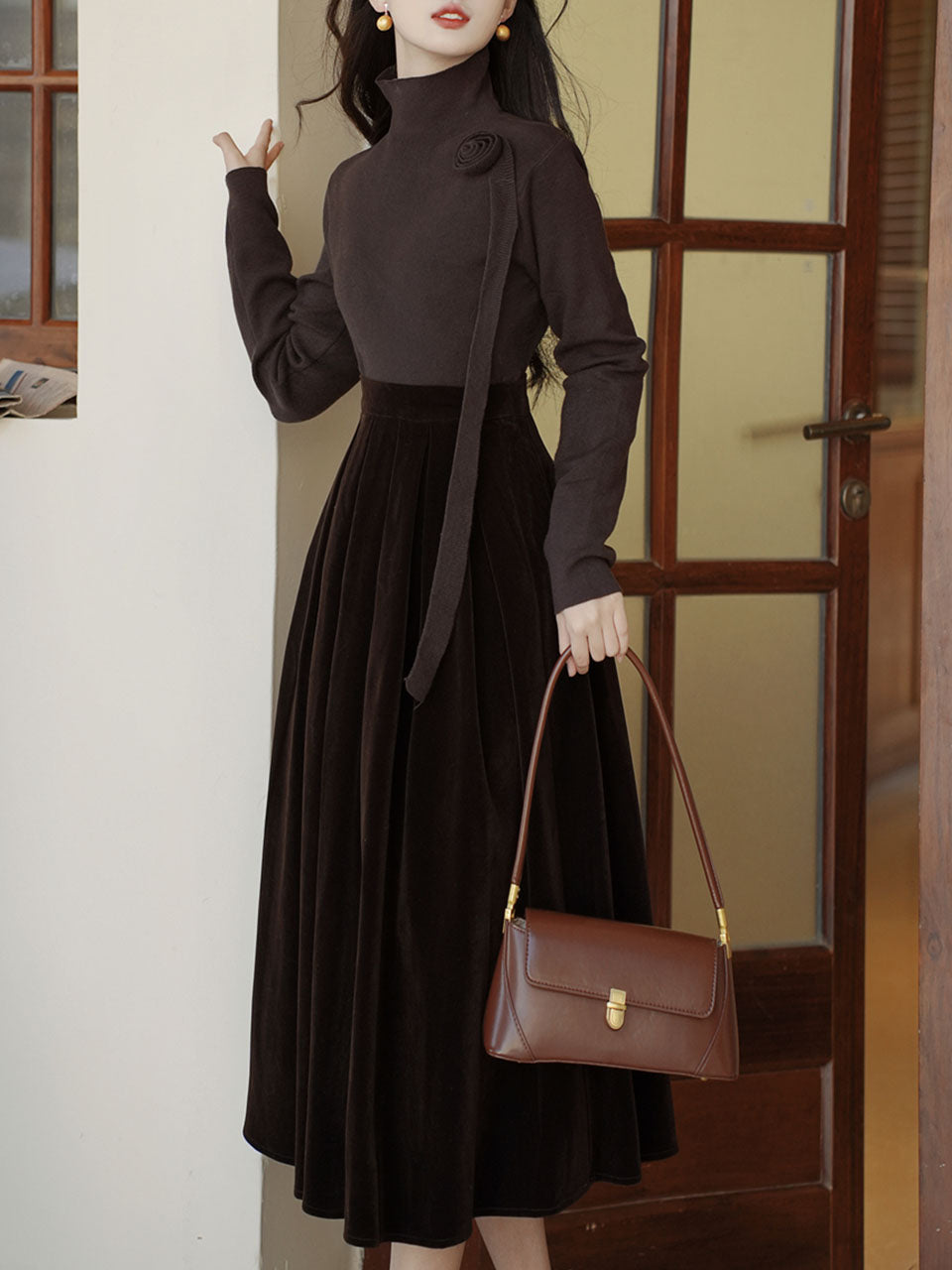 Brown Flower Turtleneck Sweater and Velvet Swing Skirt Dress Set