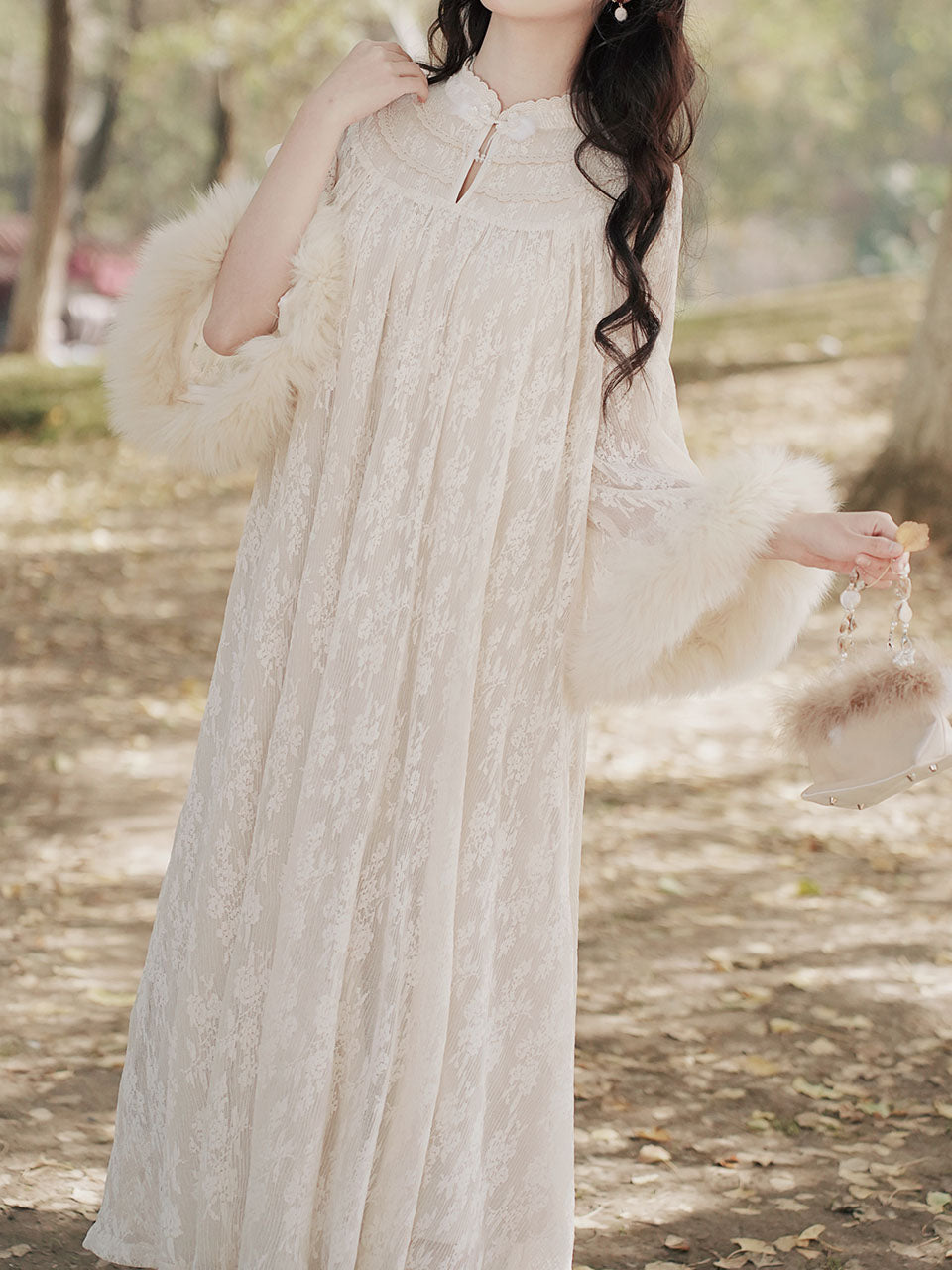 Apricot Lace Fur Sleeve 1950S Vintage Dress