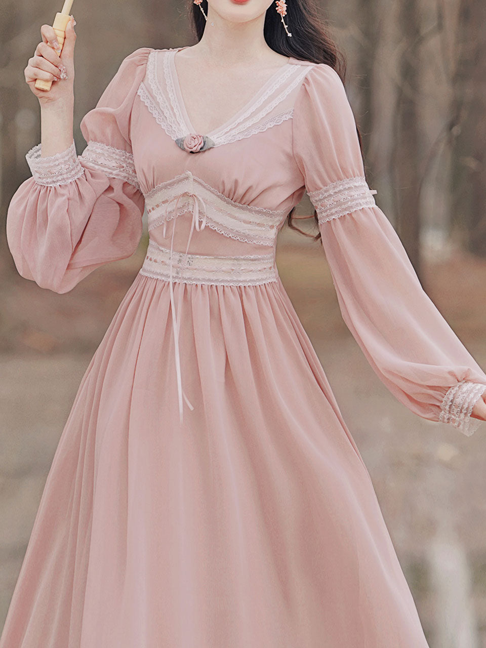 Pink Rose Girl Retro Lace V-neck Chiffon Long Lantern Sleeve Coquette Dress