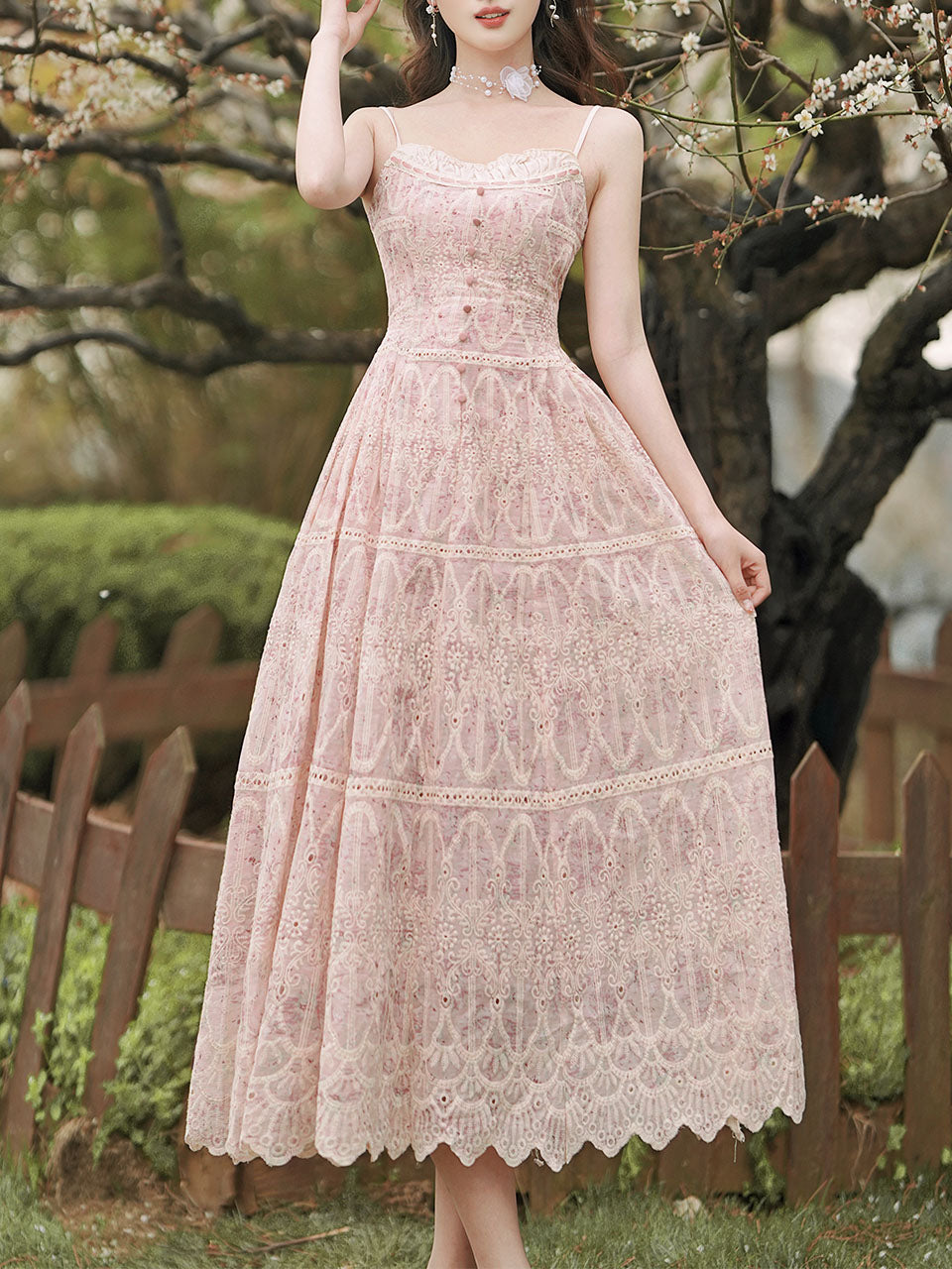 2PS Pink Embroidered lace Spaghetti Strap Dress