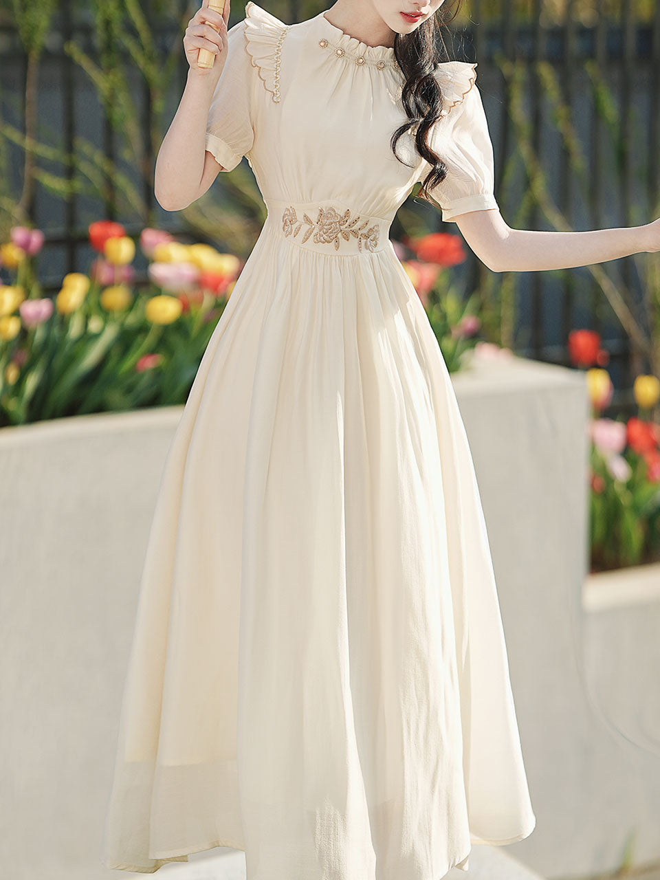 White Ruffles Collar Embroidered Puff Sleeve 1950S Vintage Dress