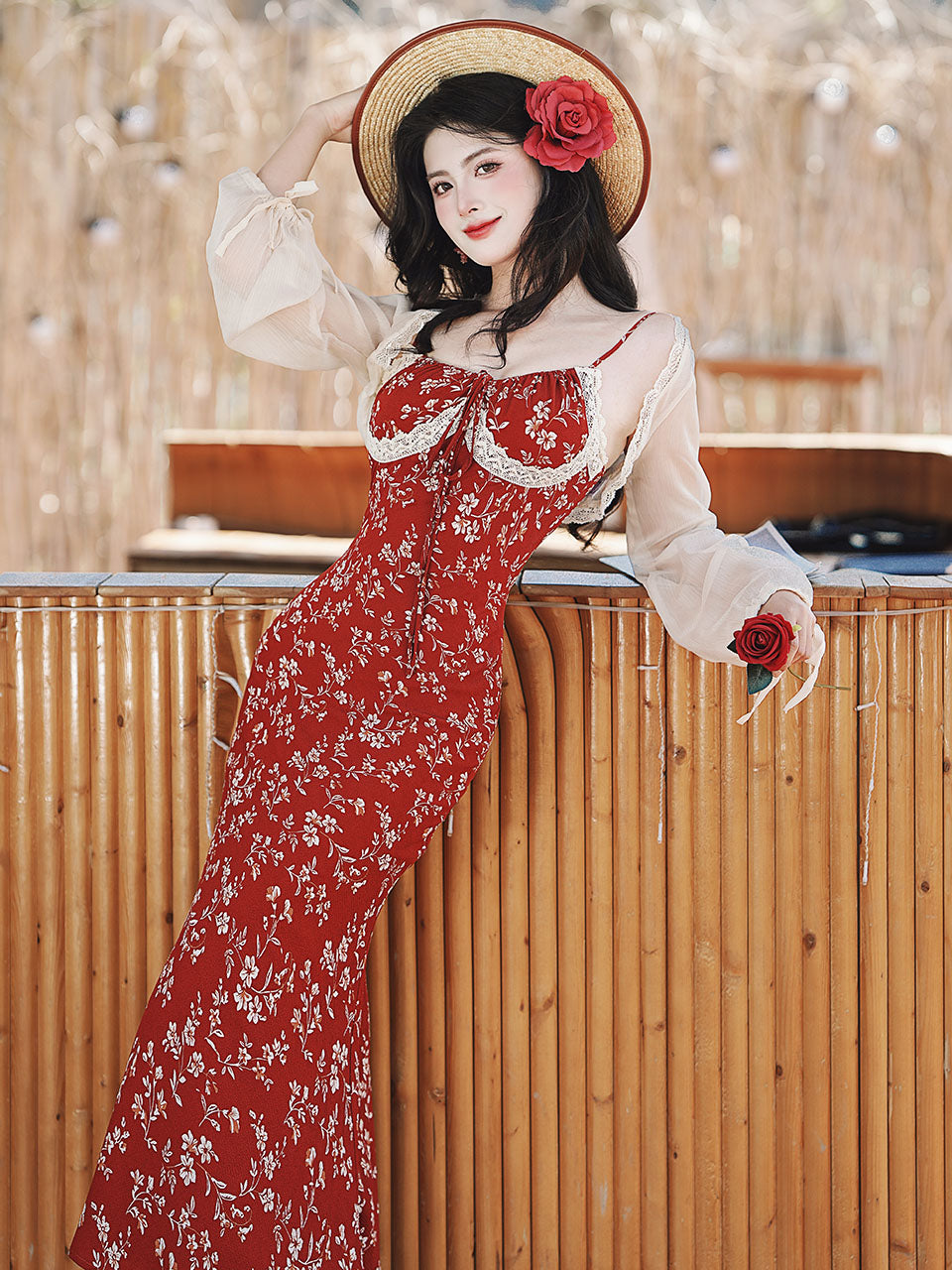 Red Floral Strap Fishtail Dress