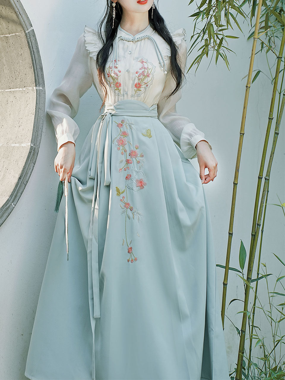 2PS Blue Stand Collar Embroidered Top and White Horse-face Skirt Vintage Suits