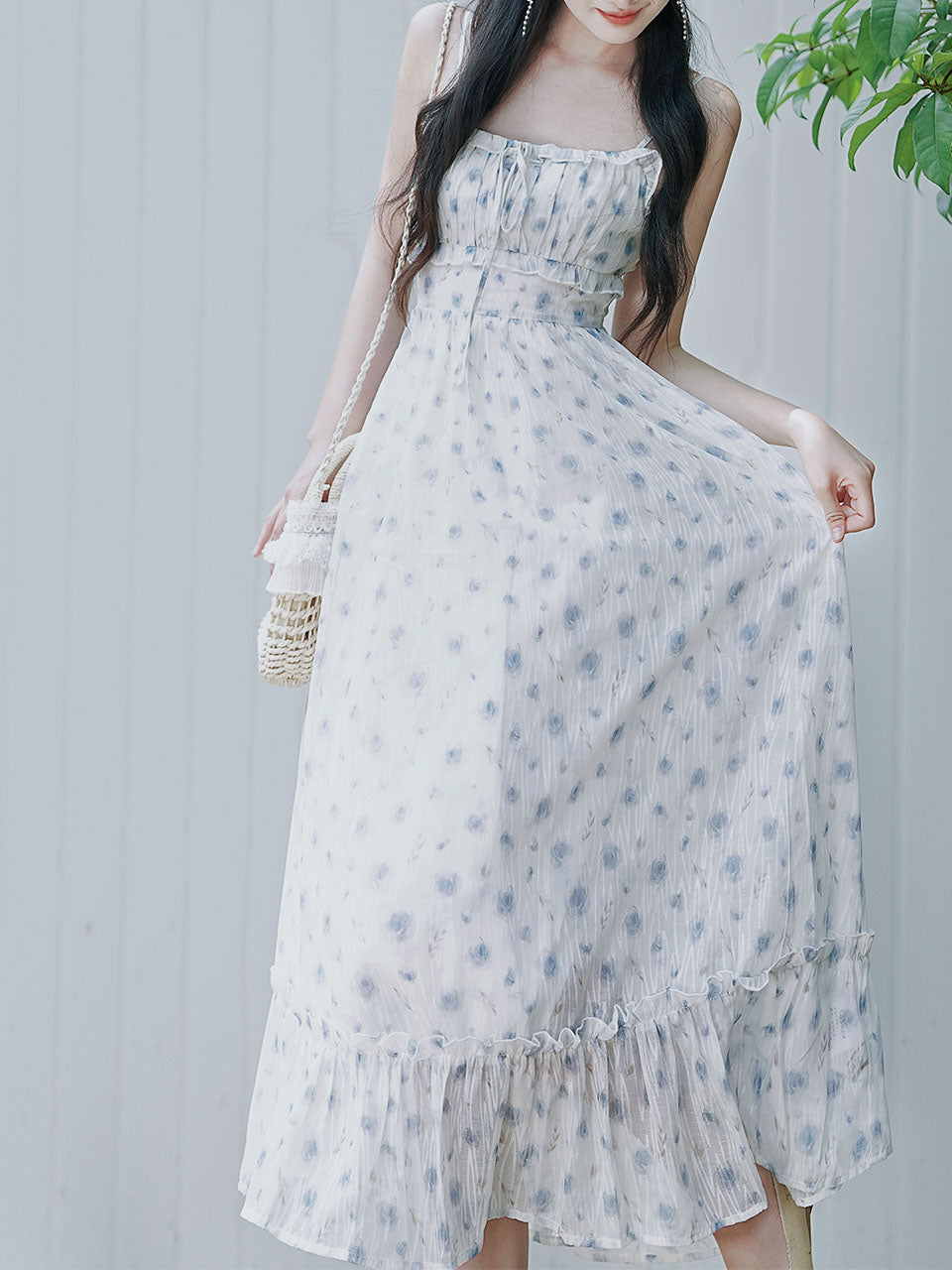 2PS Blue Floral Print Ruffles Spaghetti Strap Princess Dress