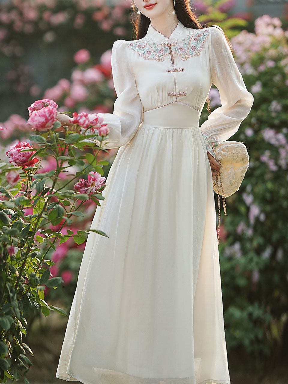 White Embroidered Long Sleeve Dress