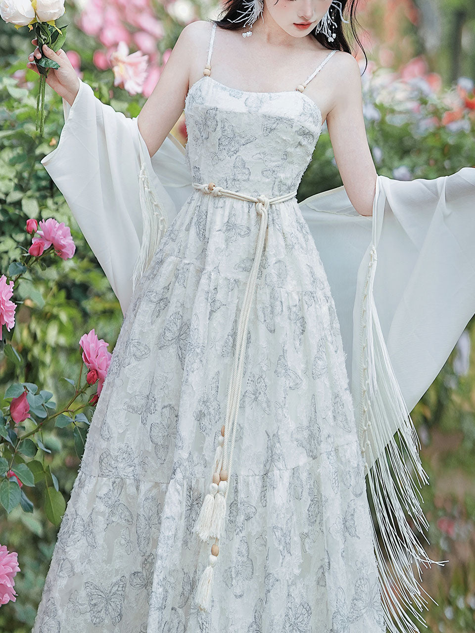 2PS White Butterfly Print Spaghetti Strap 1950S Vintage Dress
