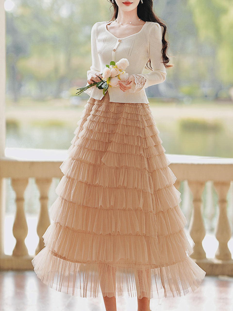 2PS White V Neck Knitted Sweater and Swing Mesh Fairy Skirt Dress Set