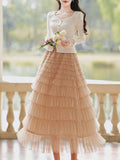 2PS White V Neck Knitted Sweater and Swing Mesh Fairy Skirt Dress Set