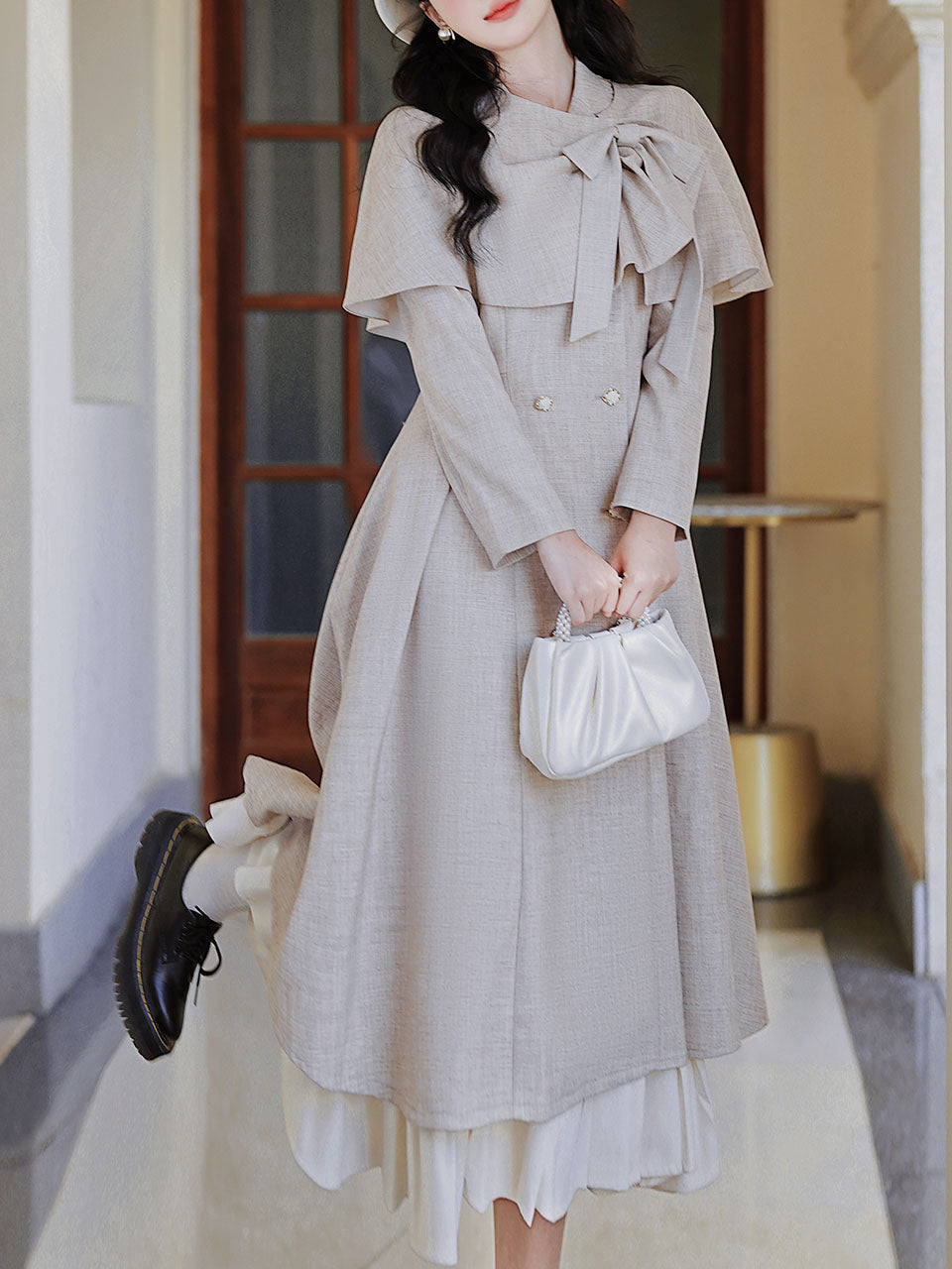 1950S Grey Bow Vintage Cape Long Dress Coat