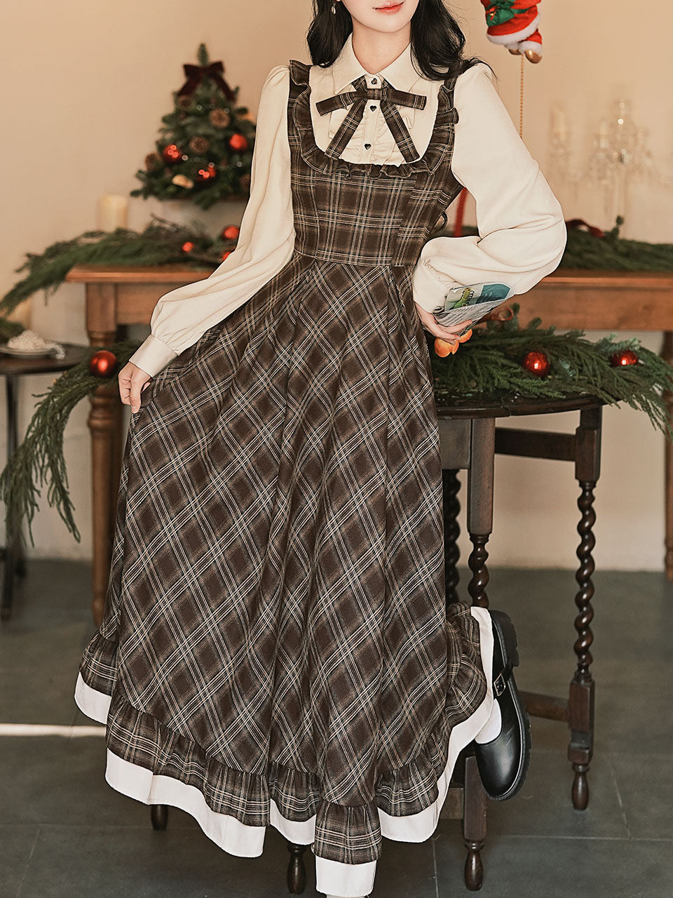 Brown Plaid Fake Two-Piece Long Sleeve Vintage Dress