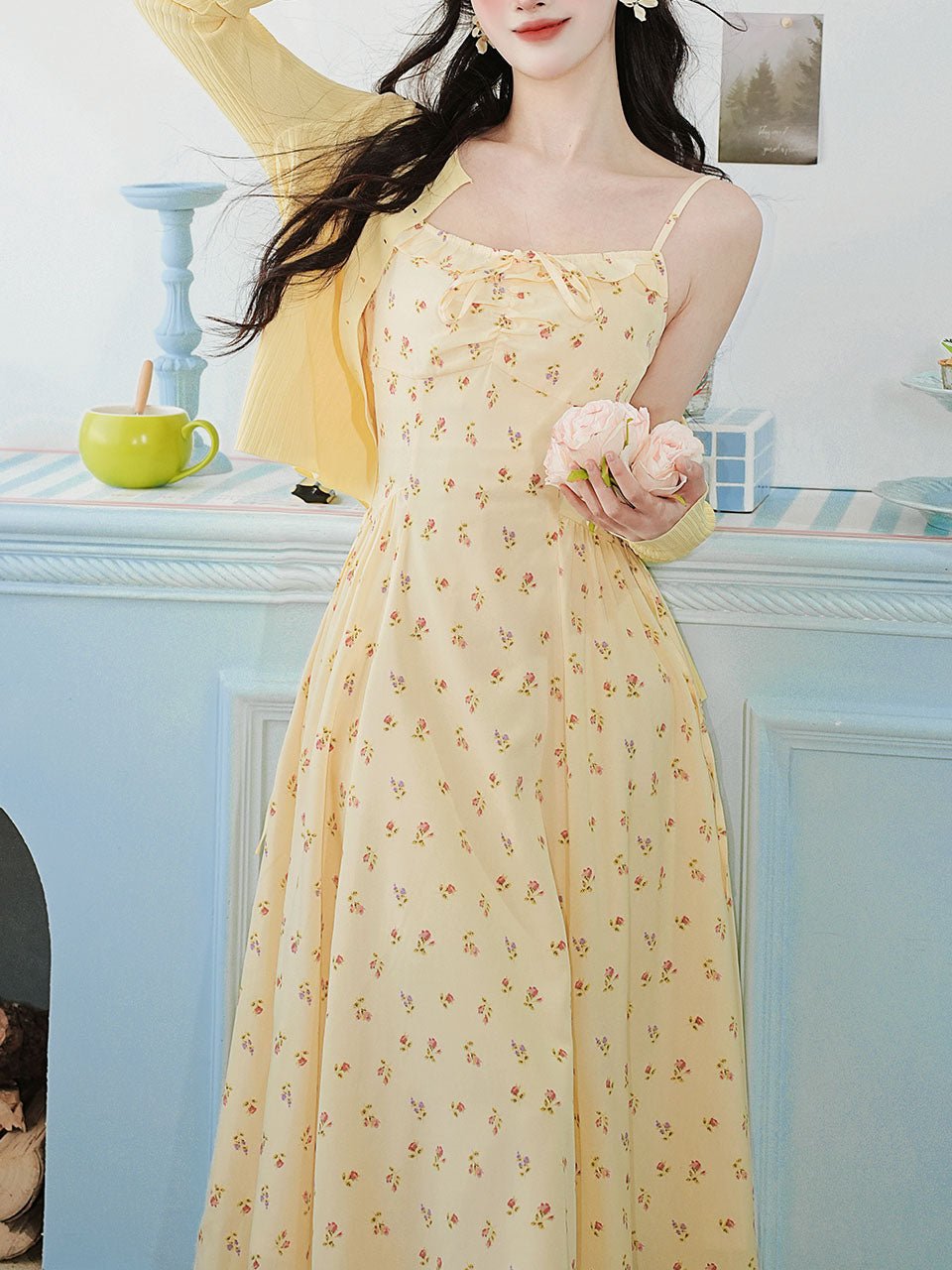 2PS Yellow Floral Spaghetti Strap 1950S Vintage Dress