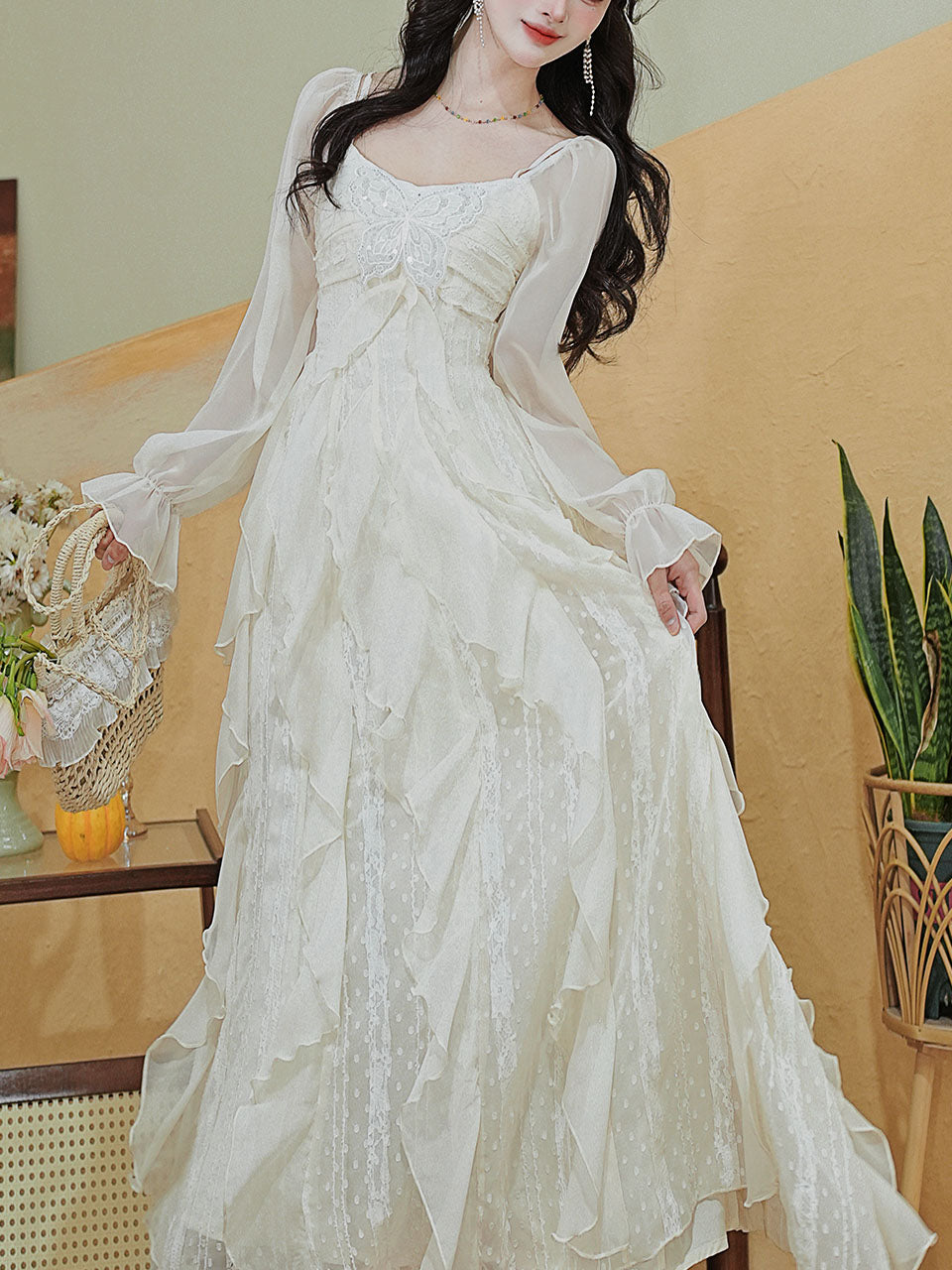 Vintage White Square Neck Butterfly Sequins  Lace Ruffle Long Sleeve Dress
