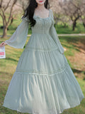 Green Square Collar Lace Ruffles Edwardian Revival Vintage Dress