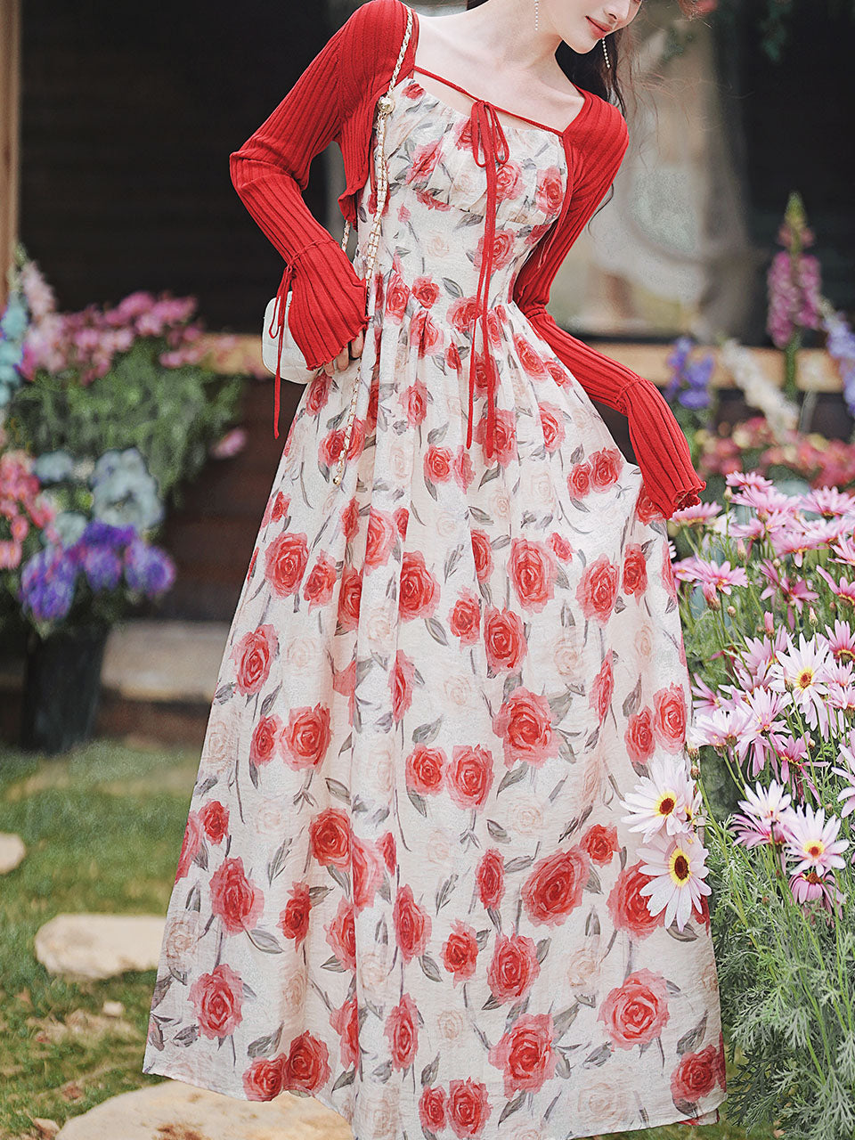 2PS Red Rose Spaghetti Strap 1950S Vintage Dress
