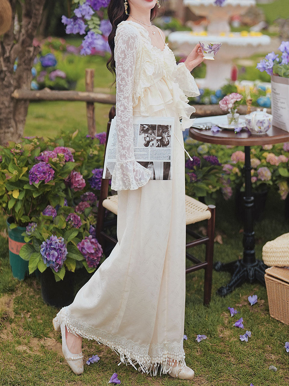 3 Piece Set White Ruffles Top and Wide Legged Pants 1950S Lace Cardigan Vintage Suit