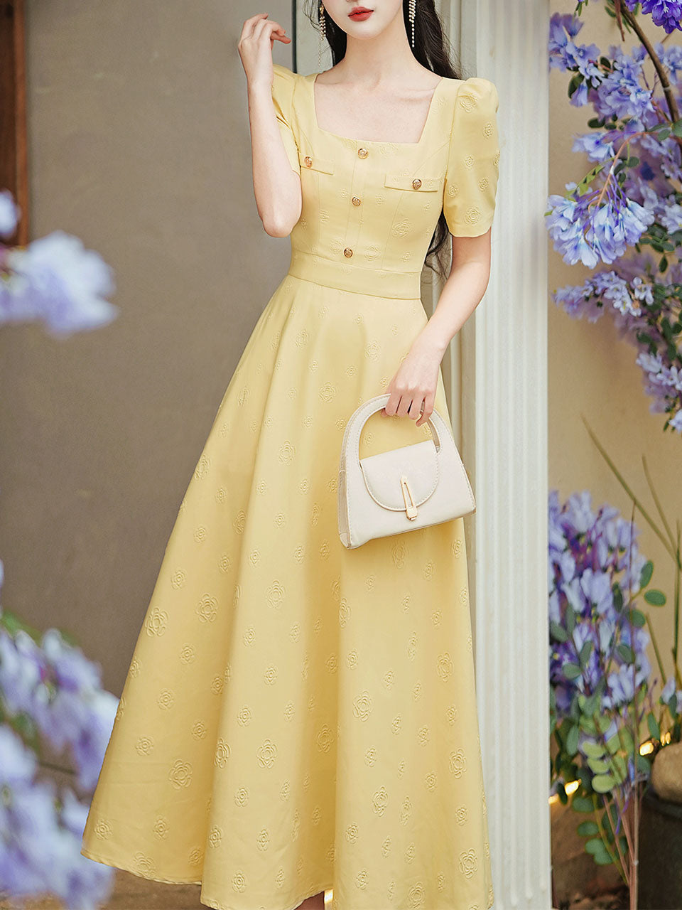 Yellow Square Neck Short Sleeve 1950S Vintage Dress