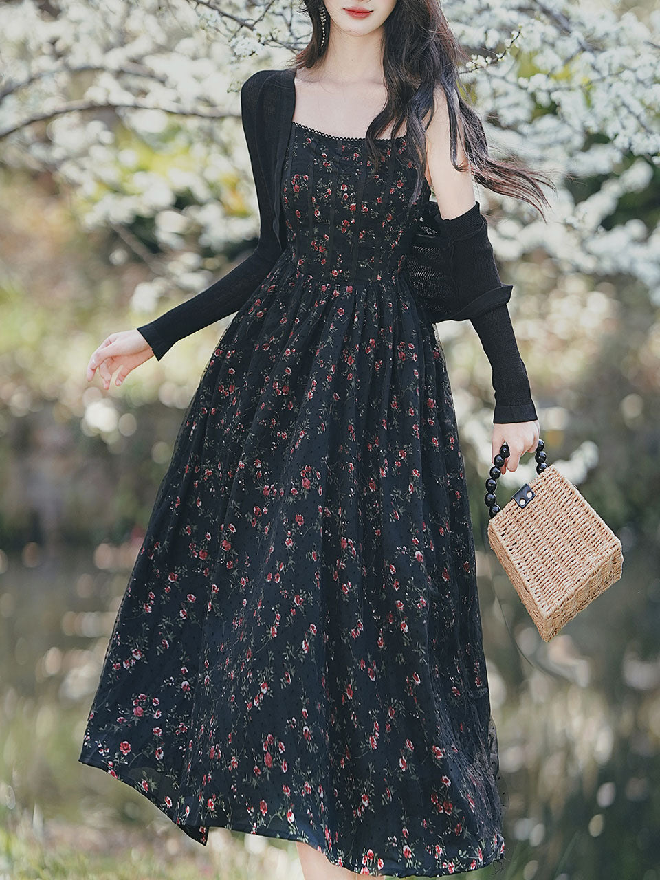 2PS Vintage Black Floral Chiffon Maxi Dress