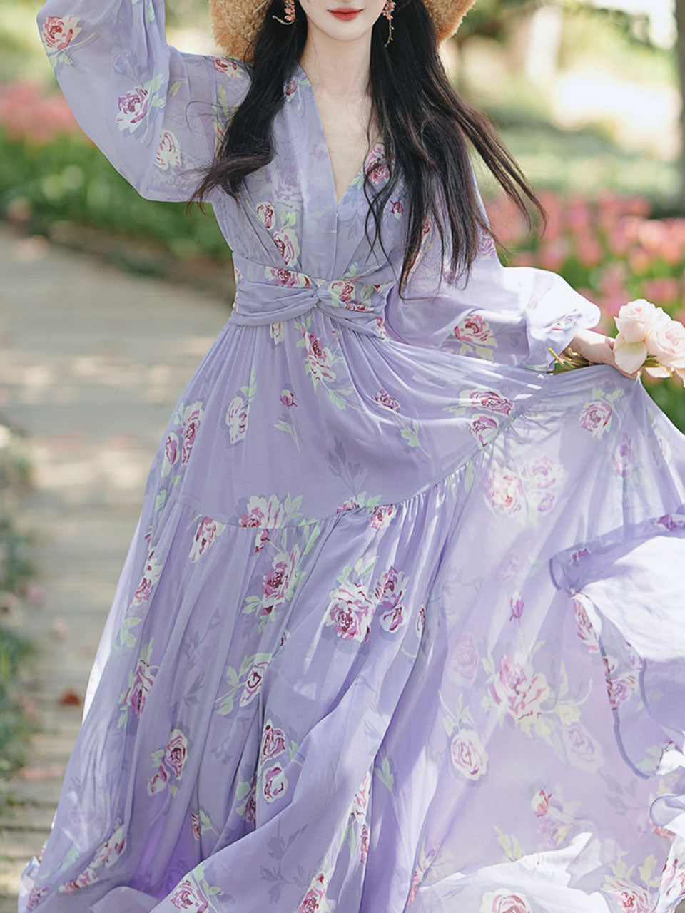 Purple Floral Print V Neck Long Sleeve Vintage Dress