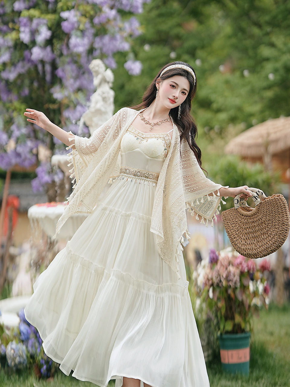 White Bohemian Embroidered Retro Maxi Dress 1970S Vintage Set