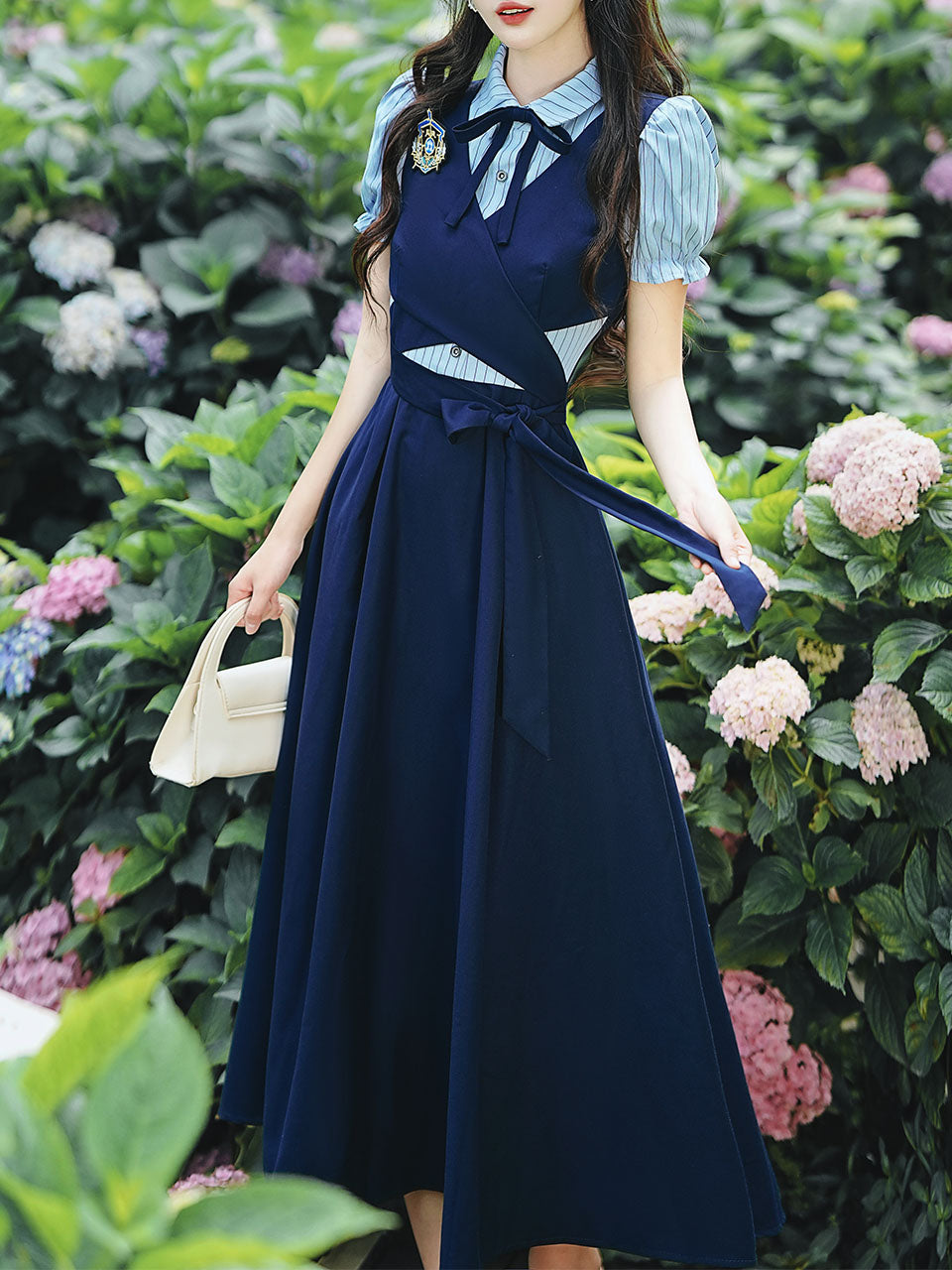 Vintage Navy Two-Piece Fake Layered Shirt Dress