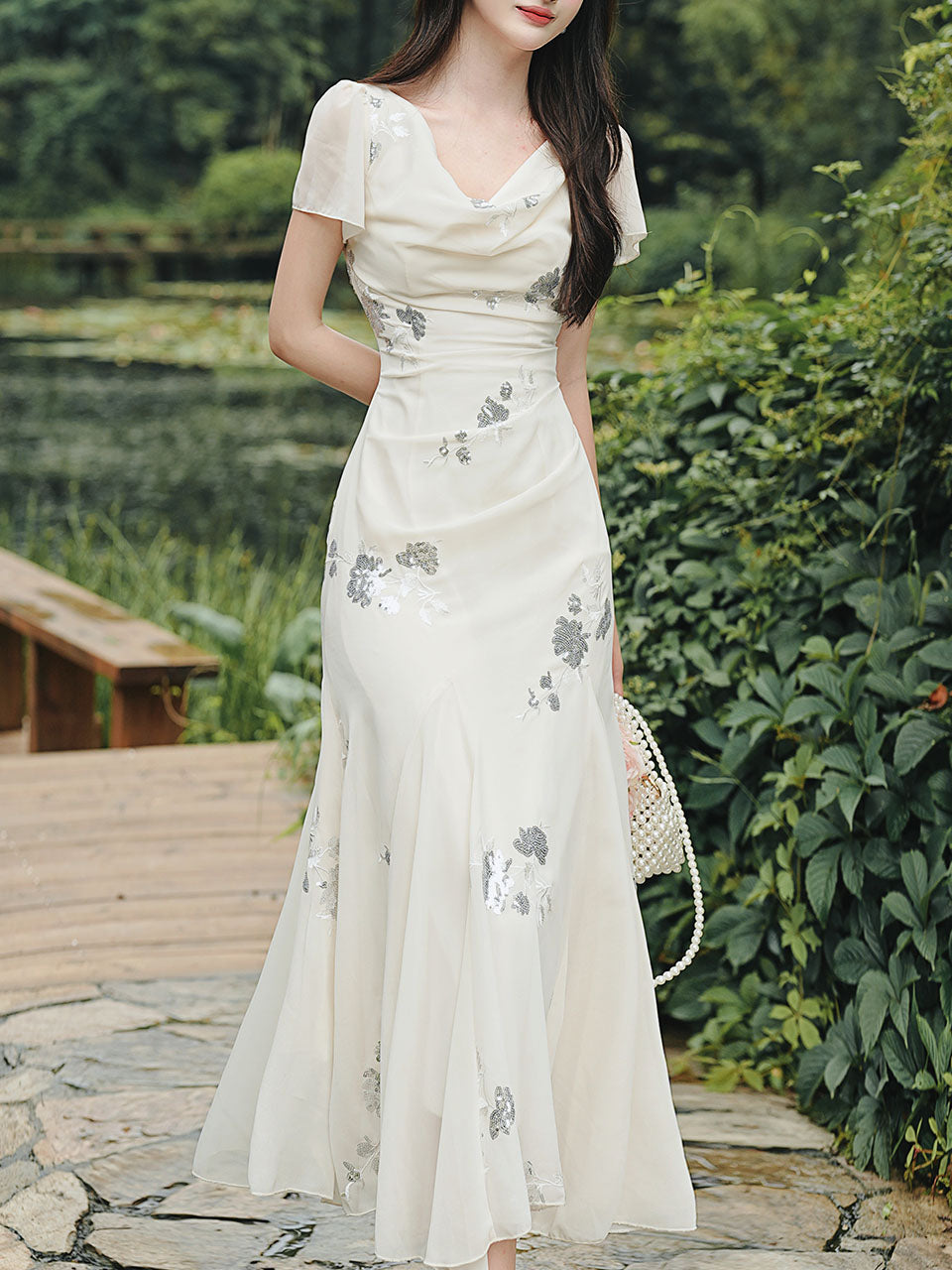 Elegant Ivory Sequin Floral Mermaid Dress French Style V Neck Maxi Evening Gown