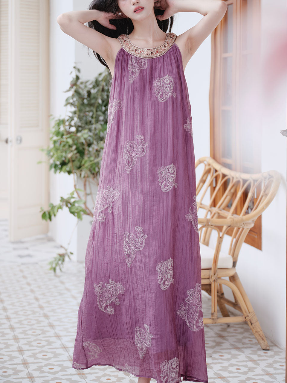 Purple Round Neck Embroidered Luxury Maxi Dress