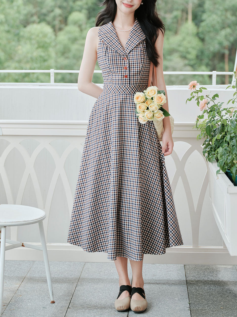 Grey V Neck Plaid Vintage Dress