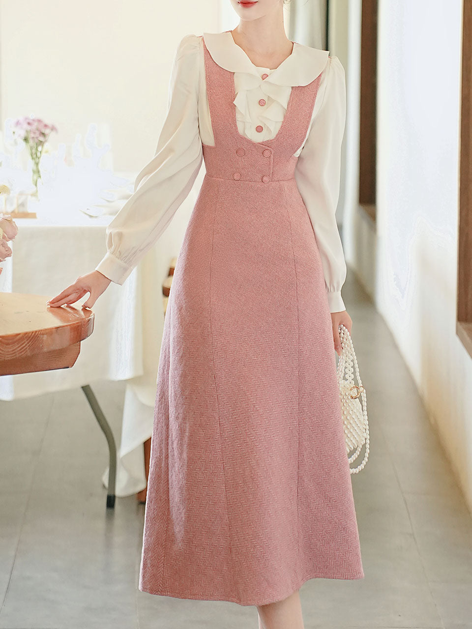 Pink Tweed Fake Two-Piece Dress