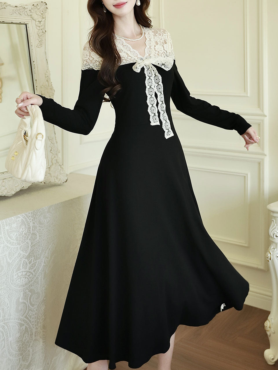 Classic White Lace Audrey Hepburn Style Black Dress