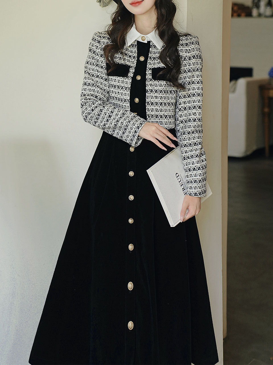Black Tweed Fake Two-Piece Long Sleeve Vintage Dress