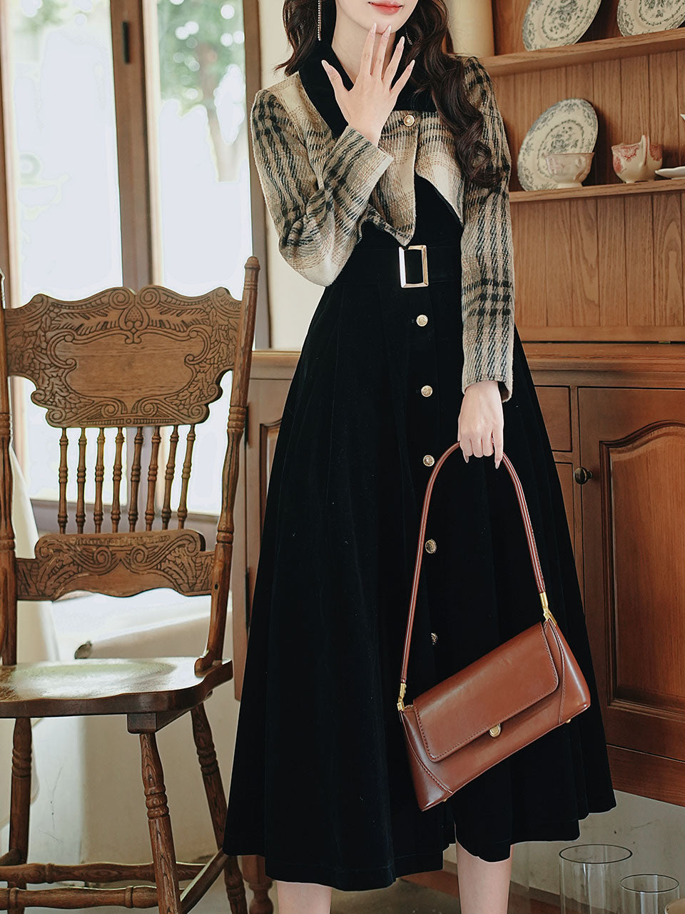 Black Plaid Tweed Fake Two-Piece Long Sleeve Vintage Dress