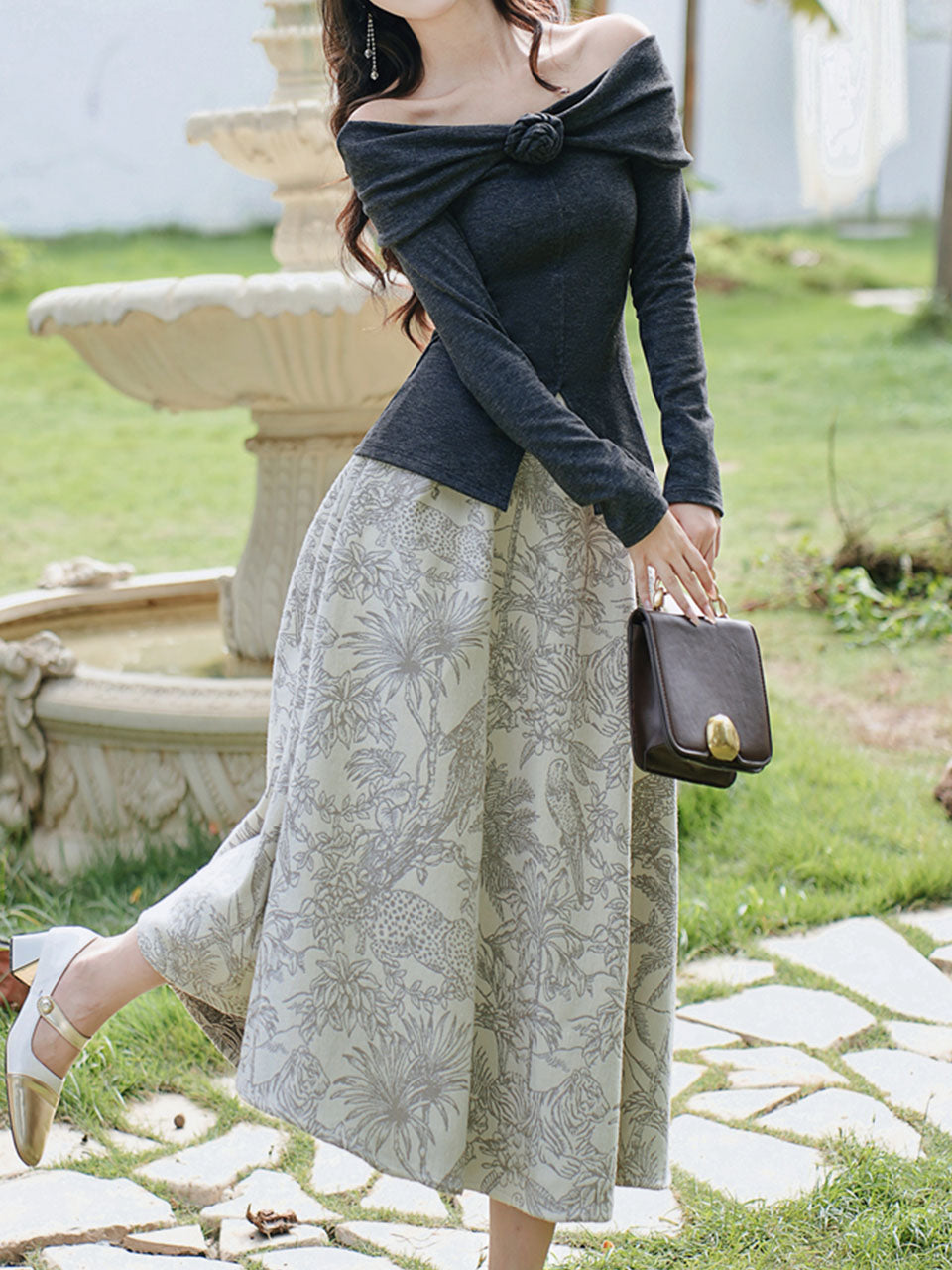 Gray Off Shoulder Slit Knit Top and Floral Jacquard Maxi Skirt Set