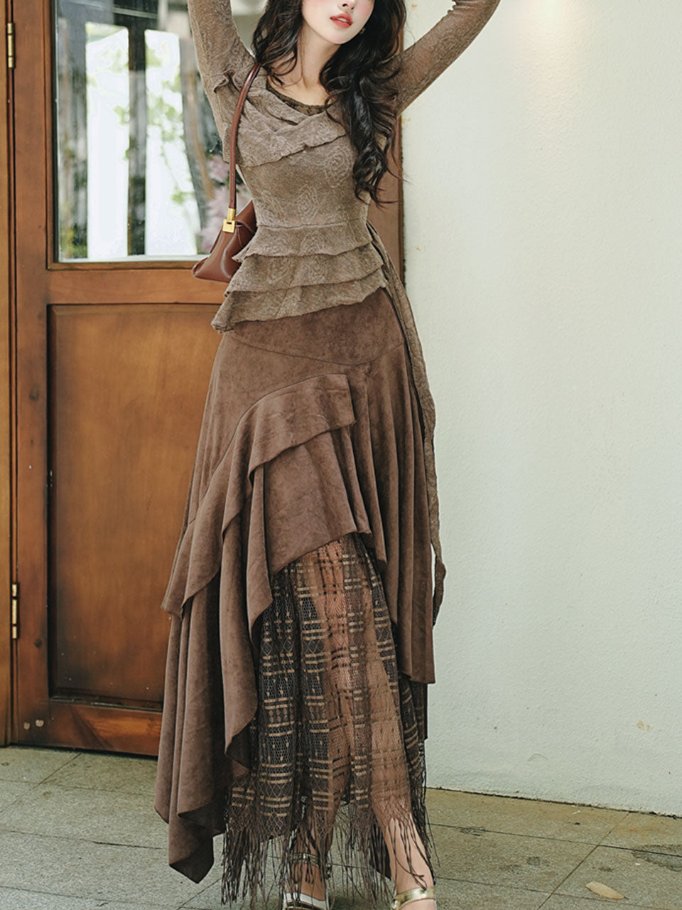 1950S Vintage Brown Rose Top and Irregular lace Swing Skirt Set