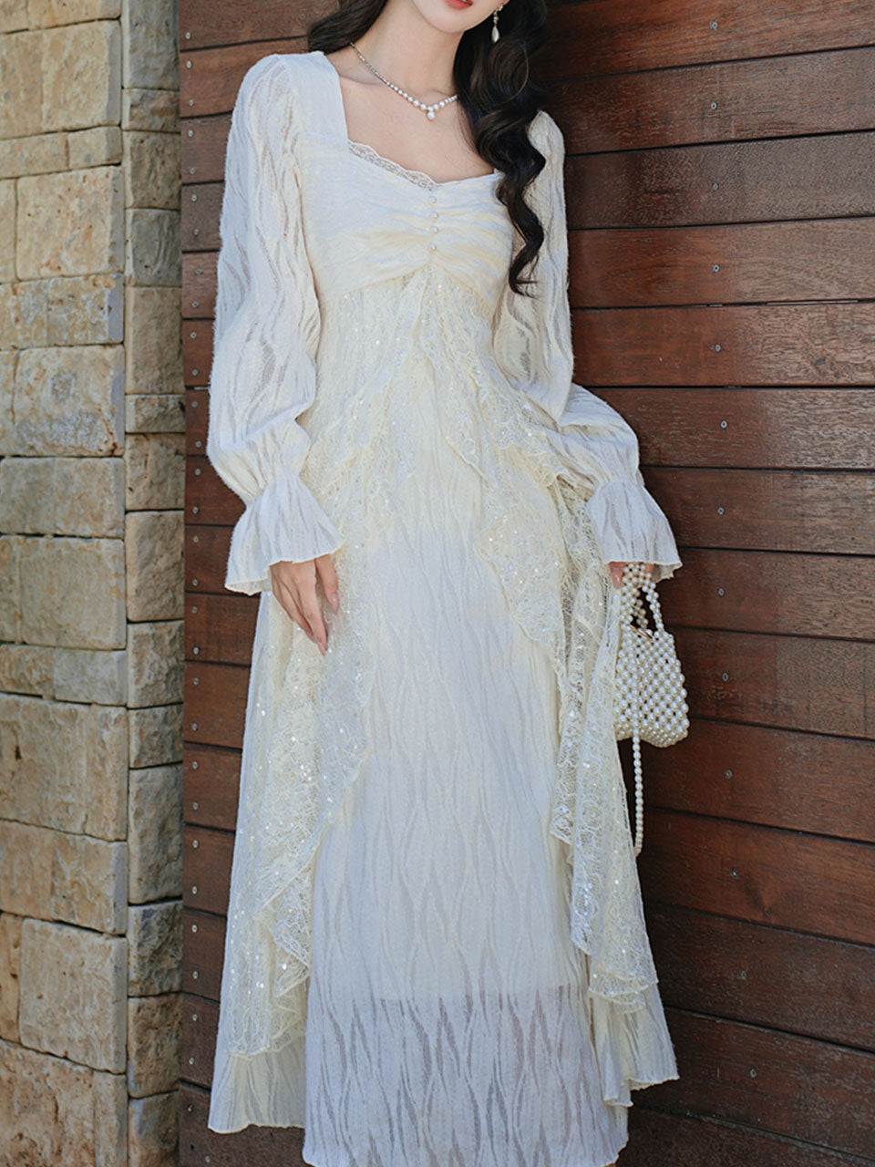 White Lace Ruffle Long Sleeve Sequined Vintage Dress