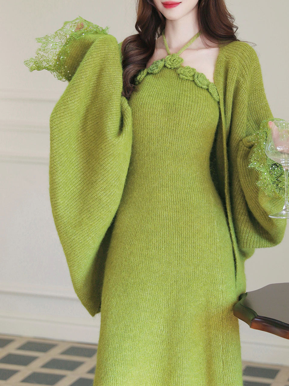 Vintage 1950s Green Knit Handmade Rose Collar Halter Dress Set Matching Shawl