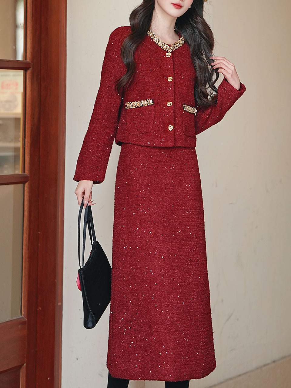 2PS Red Luxurious Sequined Warm Tweed Coat