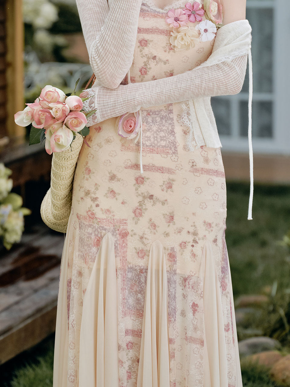 Pink Floral Print Spaghetti Strap Fishtail Flared Vintage Maxi Dress