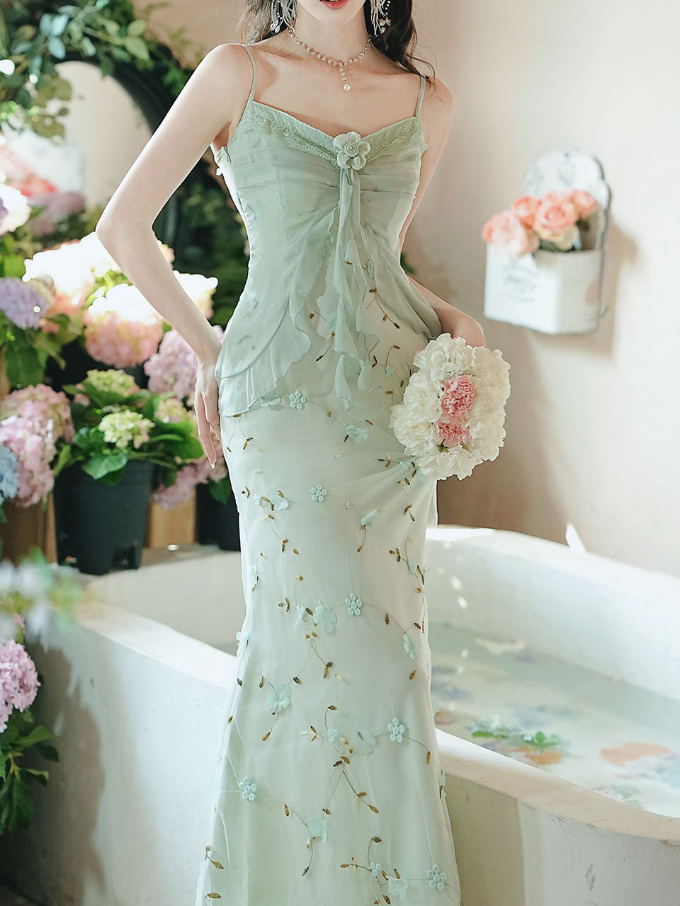 2PS Green Floral Printed Spaghetti Strap Vintage Dress