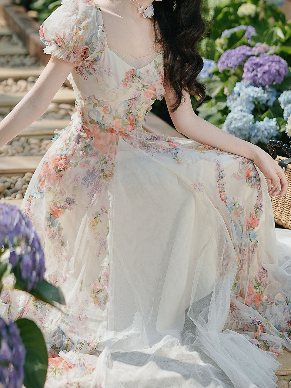 Printed Tulle Puff Sleeve Ruffled Hem Princess Party Dress for Girls Women