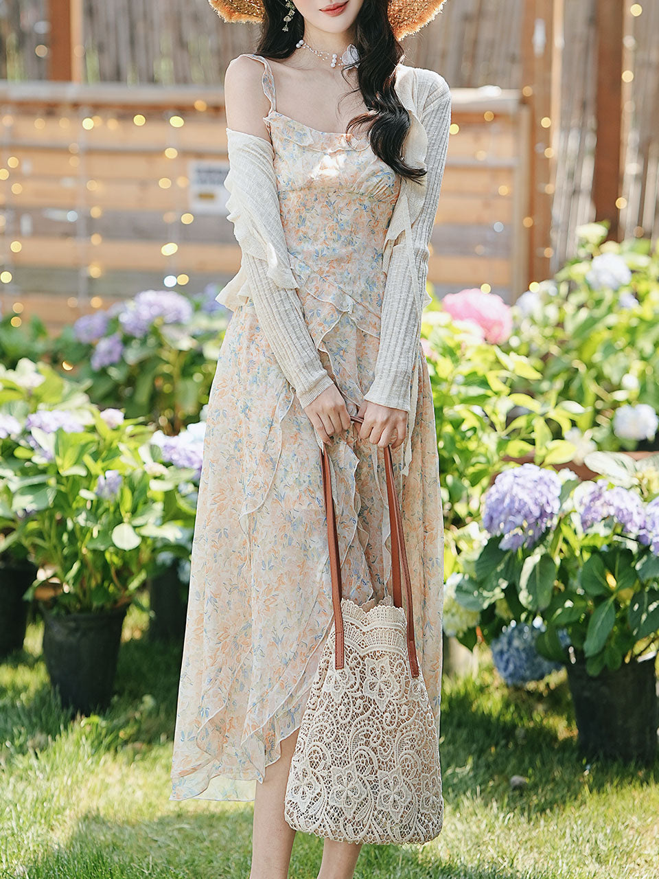 2PS Apricot Floral Printed Spaghetti Strap High-low Ruffled Hem Vintage Dress