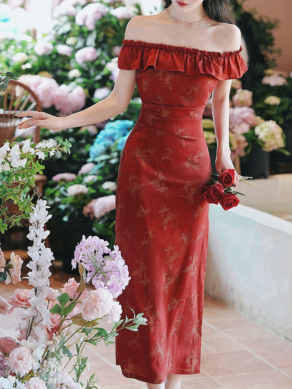 Red Butterfly Print Off Shoulder Bodycon Dress