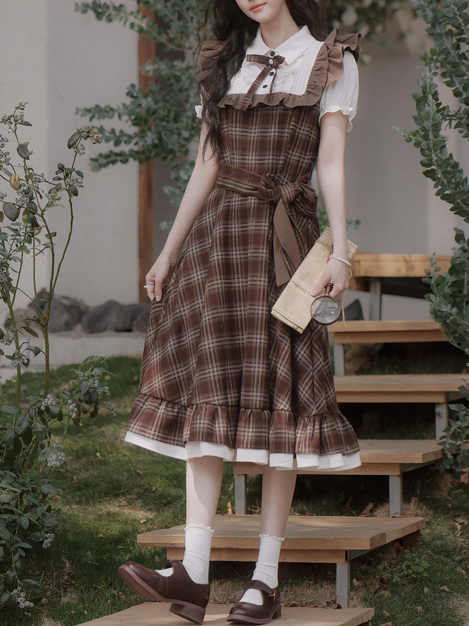 Brown Plaid Fake Two-Piece Short Sleeve Vintage Dress