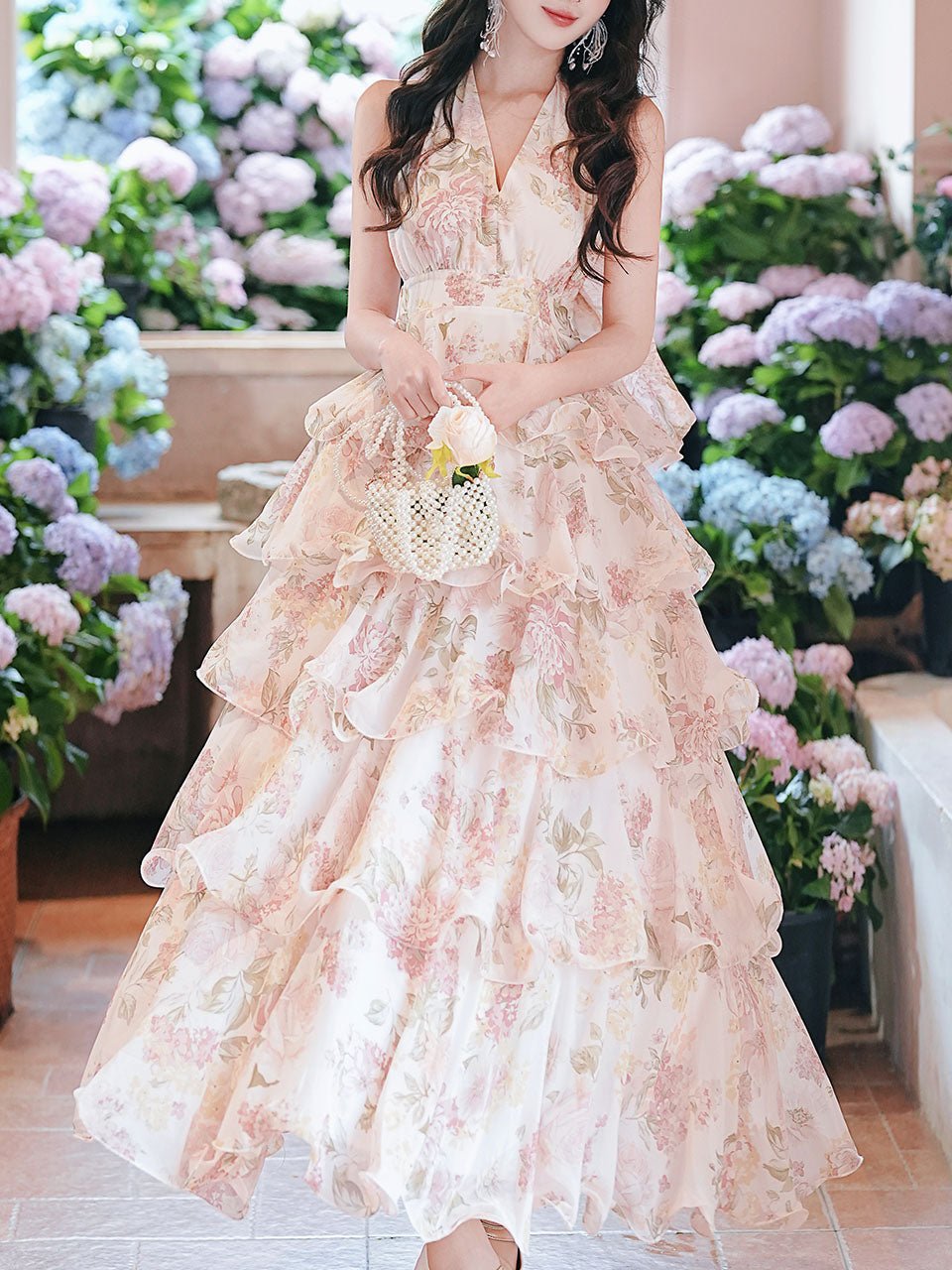 Pink Floral Print Halter Neck Backless Vintage Dress
