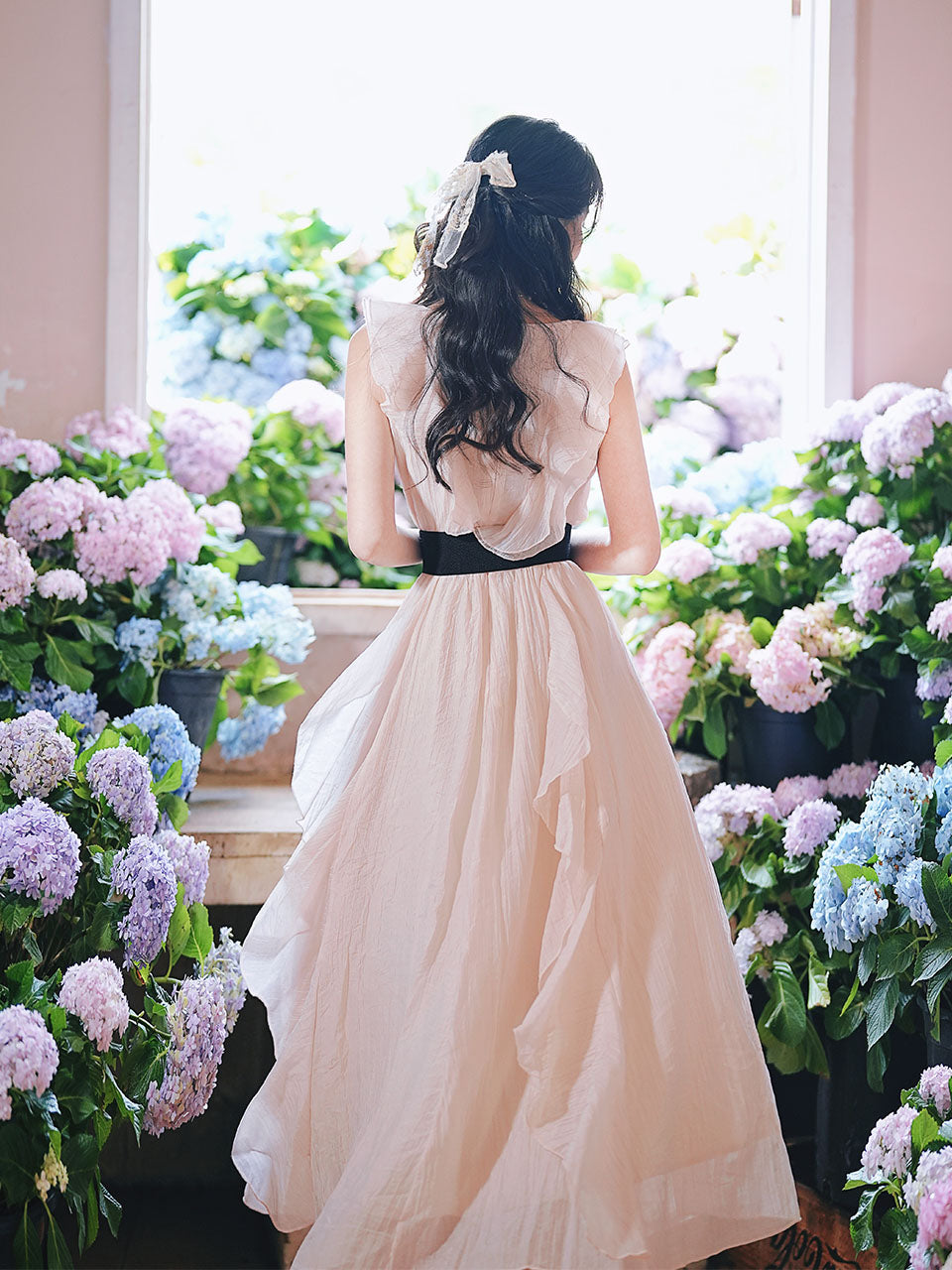 Pink Flowy Ruffle V-Neck Dress