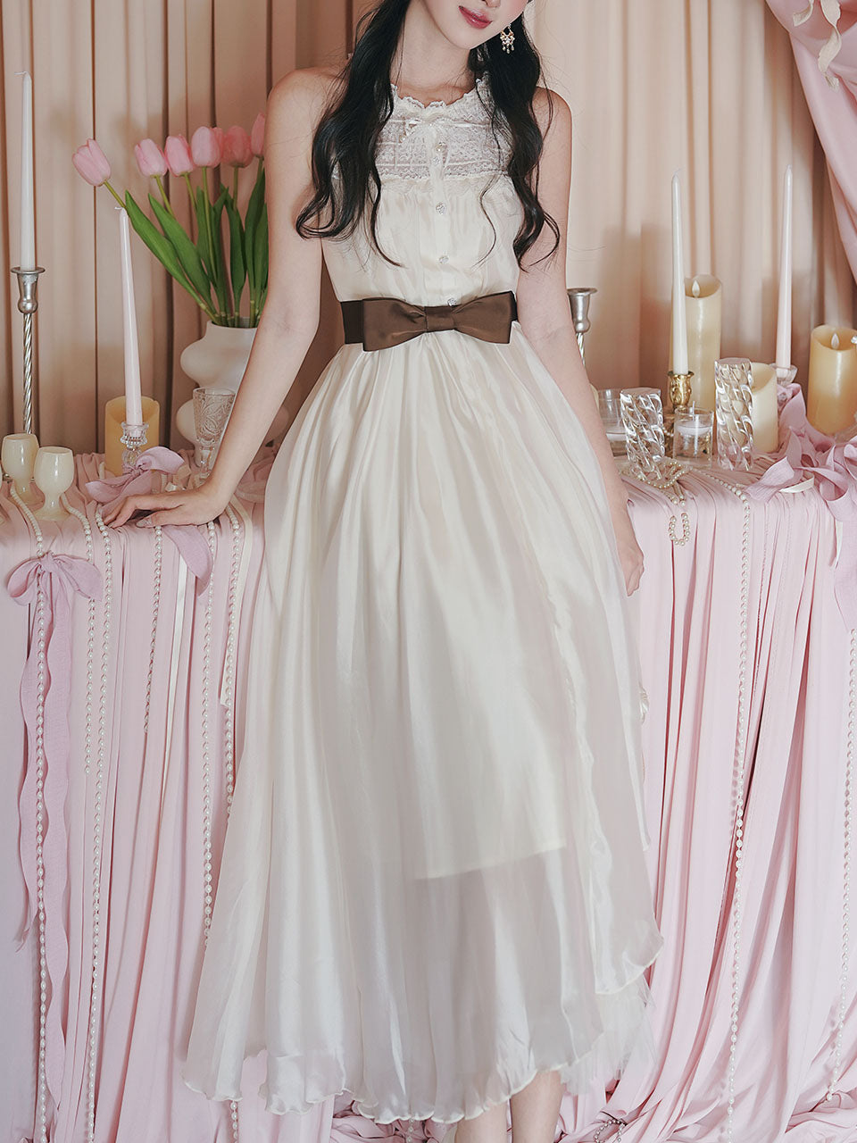 1950s Vintage White Lace Organza Maxi Dress for Women