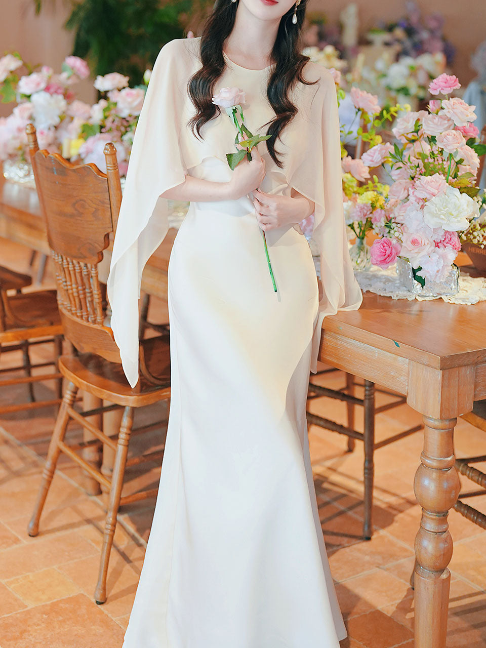 Flowing Chiffon Cape Satin Maxi Dress for Wedding
