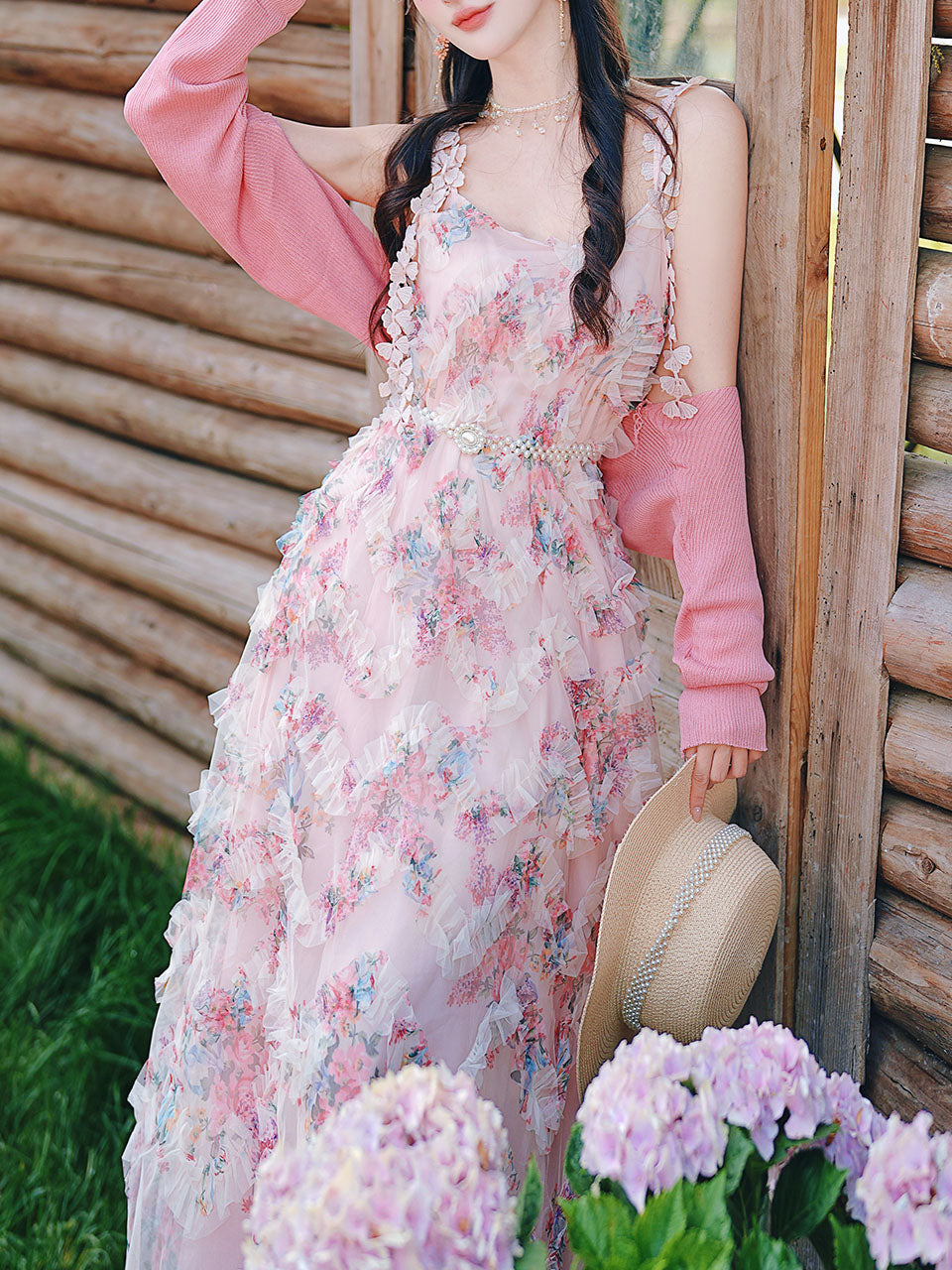 2PS Pink Ruffles Floral Printed Spaghetti Strap Vintage Dress
