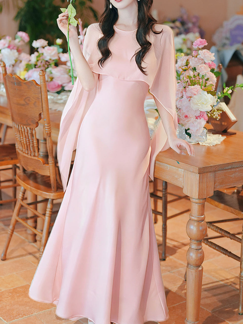 Flowing Chiffon Cape Satin Maxi Dress for Wedding